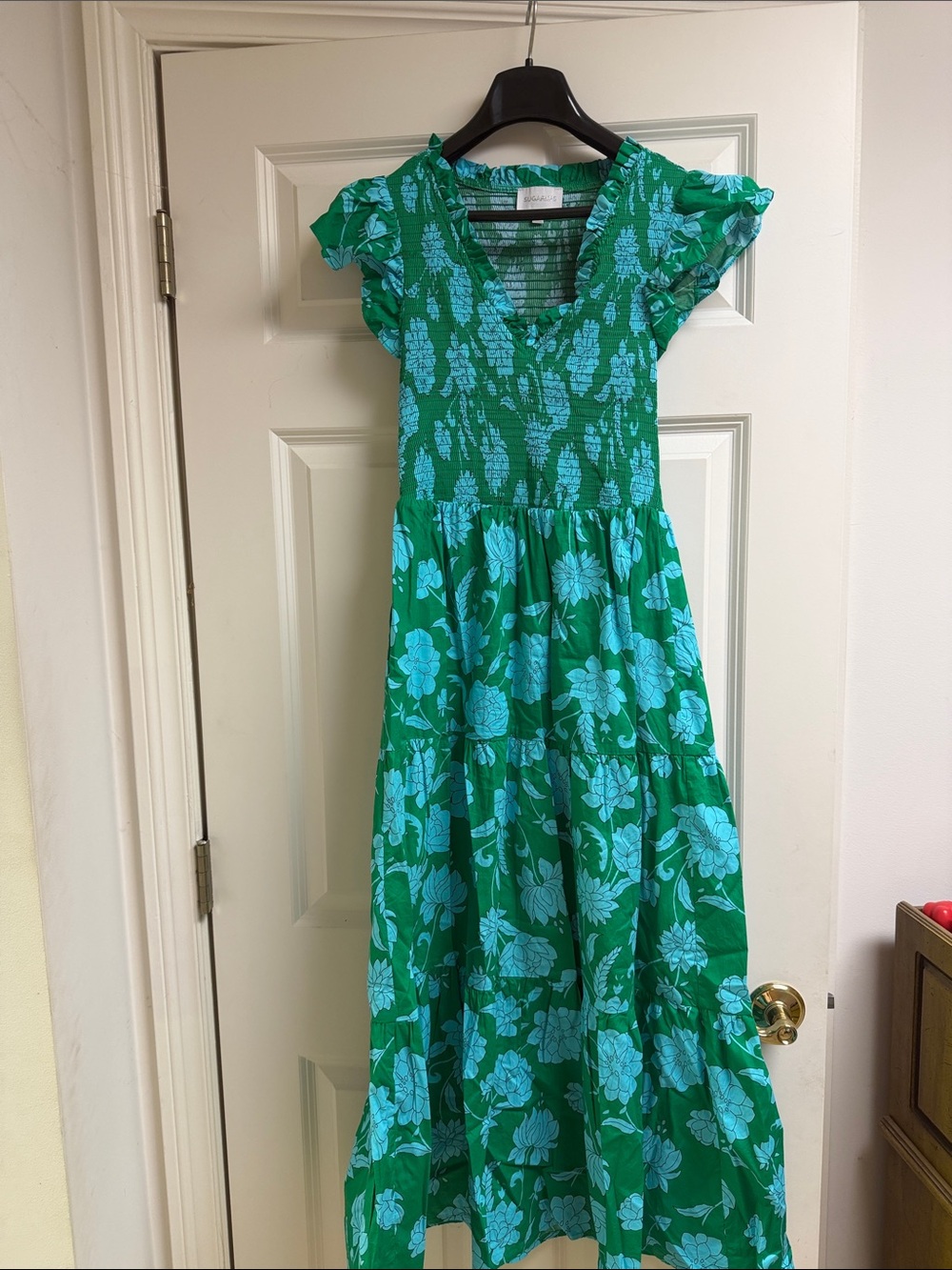 Sugarlips Green Maxi Dress with Blue Floral Print
